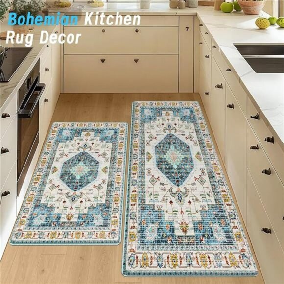 Boho Anti Fatigue Kitchen Mat Set Cushioned Non Slip Waterproof Floor Rugs - Picture 7 of 8